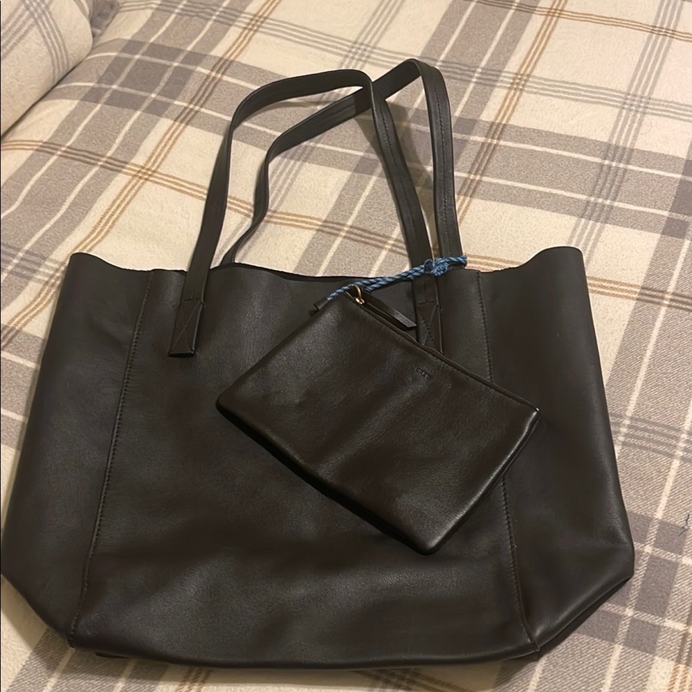 J. Crew Large Black Leather Tote Bag with Pouch